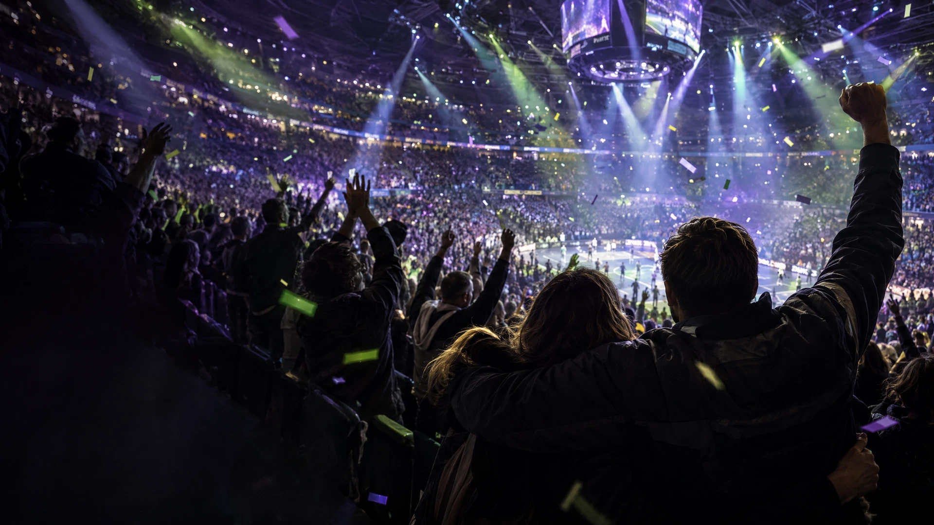 Fans teilen einen mitreißenden Moment in einer großen Sportarena